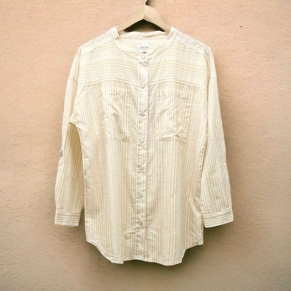 NWT Wrap London Striped Cotton Snap Front Oversized Blouse Tuscan Sun Size 6 NEW - Picture 15 of 15